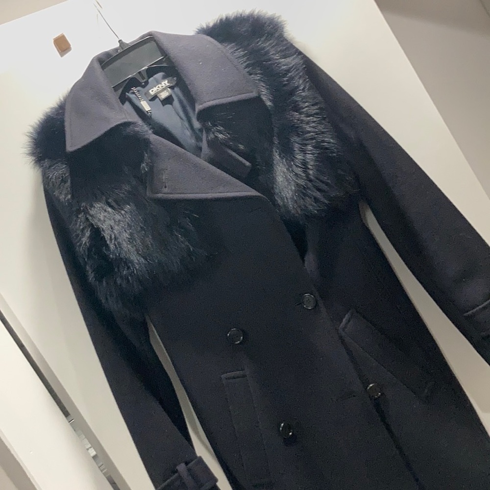 Blue wool coat with shearling vest